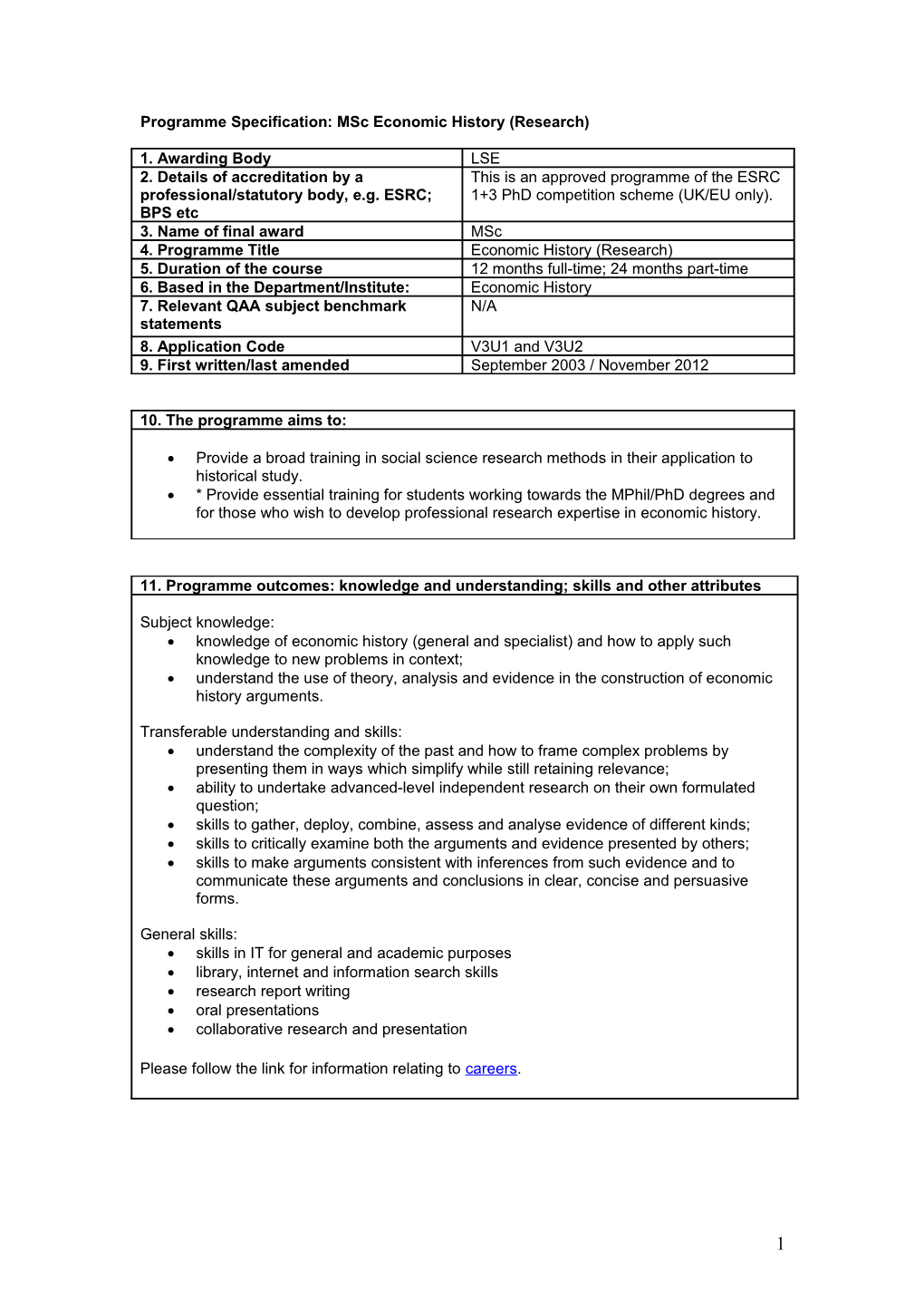 Programme Specification: Msc Economic History (Research)