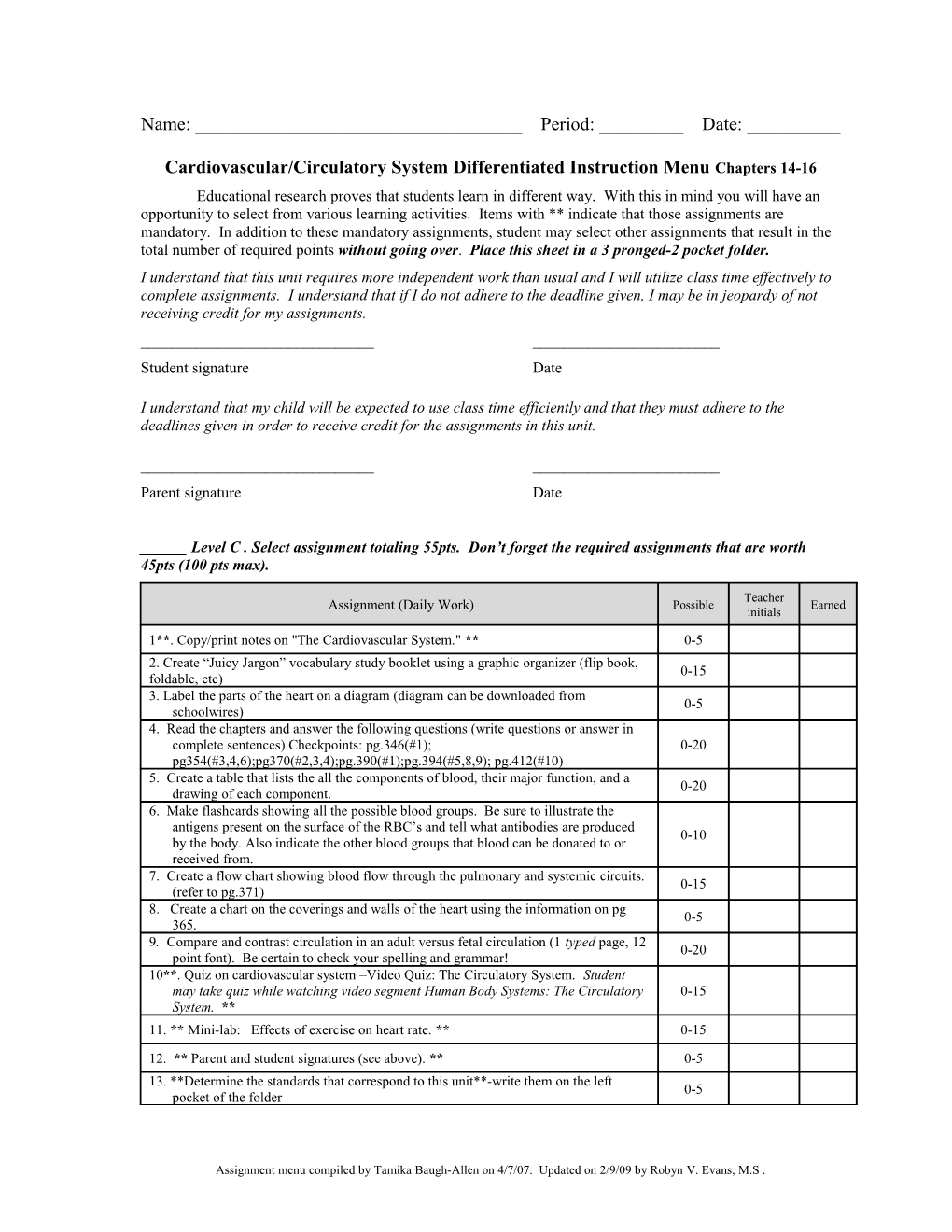 Cardiovascular/Circulatory System Differentiated Instruction Menu Chapters 14-16