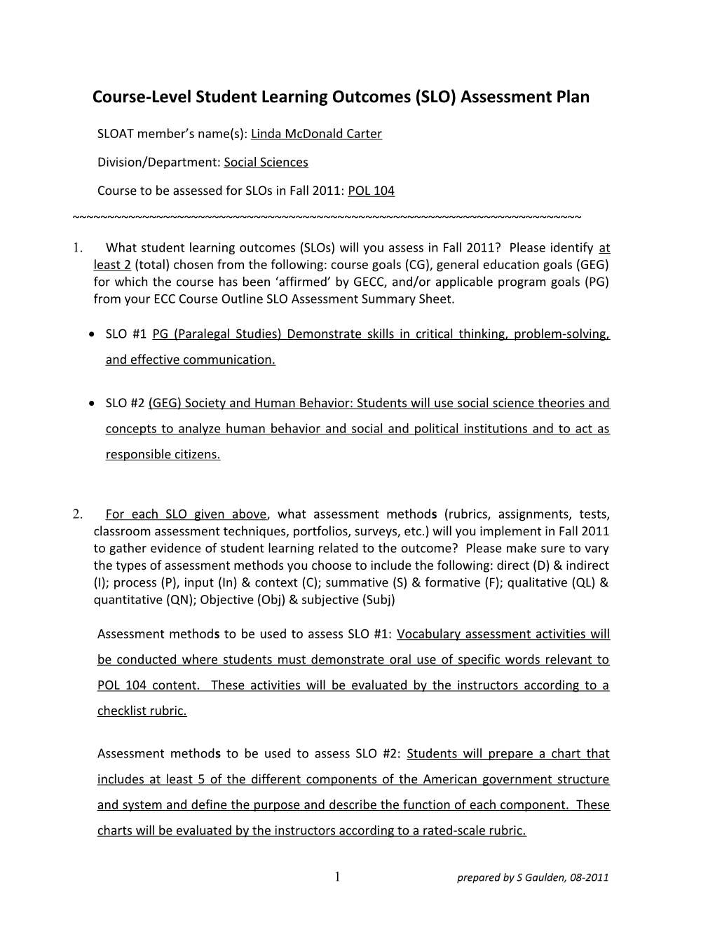 Course-Level Student Learning Outcomes (SLO) Assessment Plan