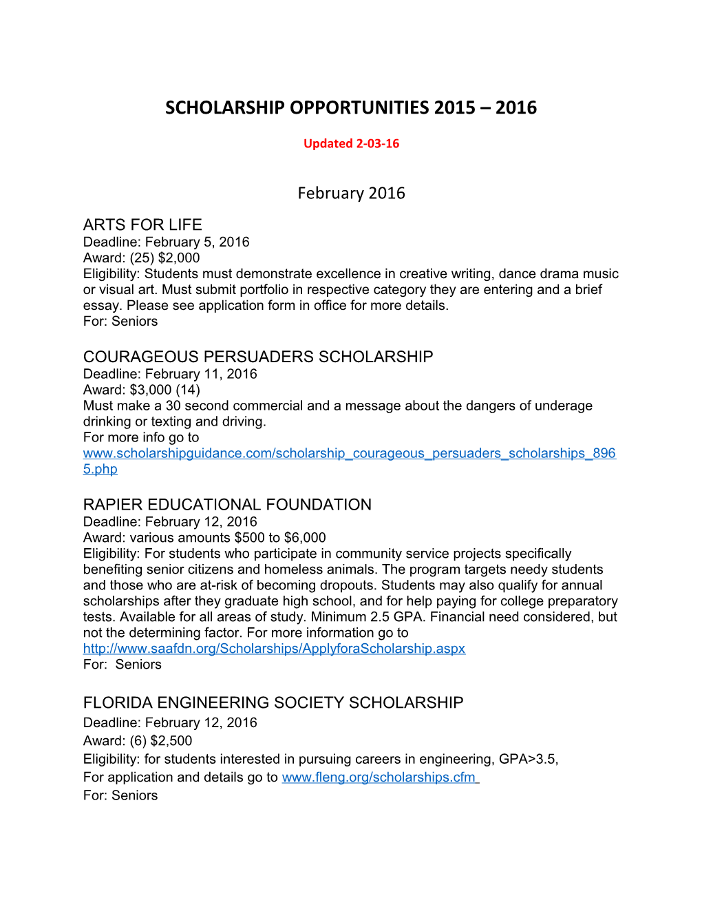 Scholarship Opportunities 2015 2016