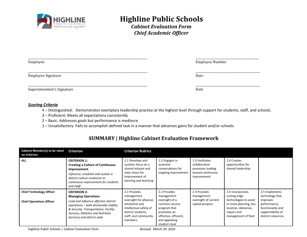 Cabinet Evaluation Form