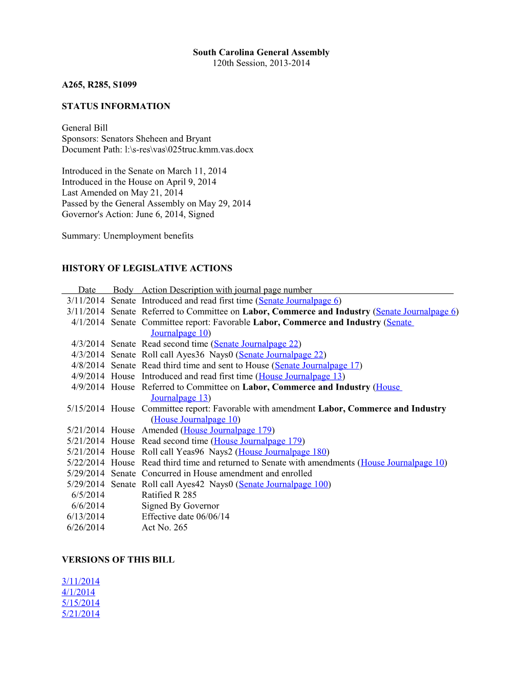 2013-2014 Bill 1099: Unemployment Benefits - South Carolina Legislature Online