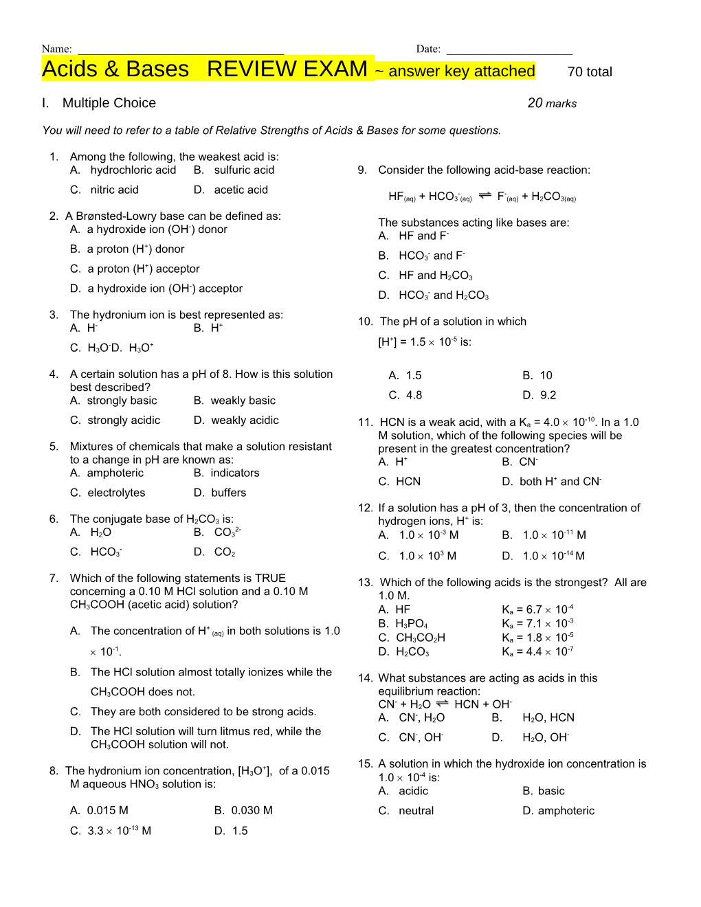 Acids & Bases REVIEW EXAM Answer Key Attached 70 Total