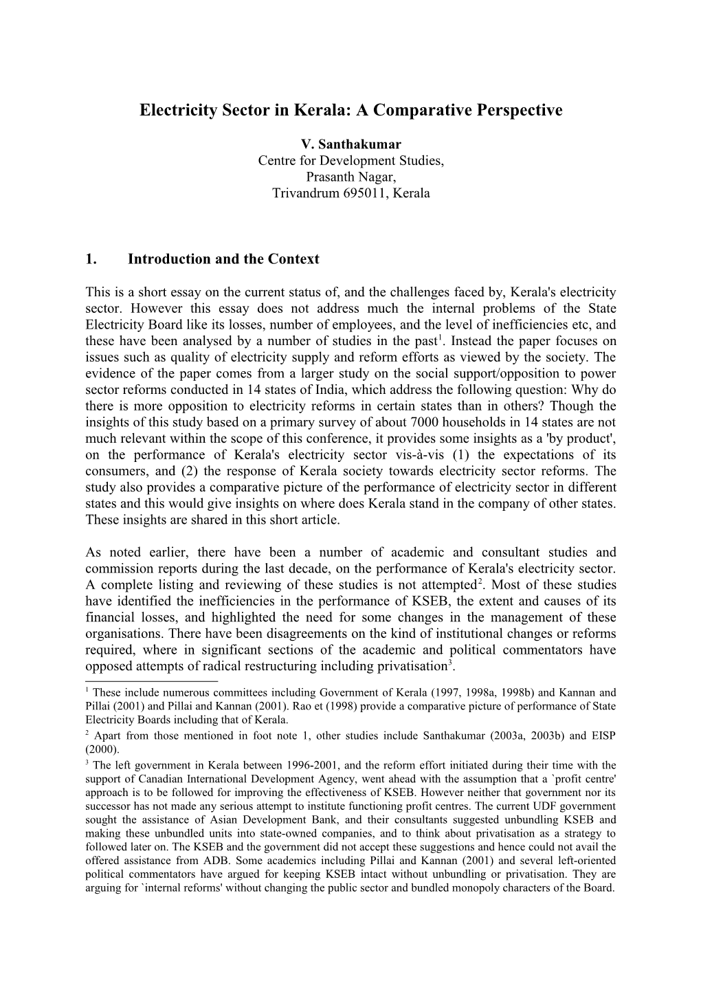 Electricity Sector in Kerala: a Comparative Perspective