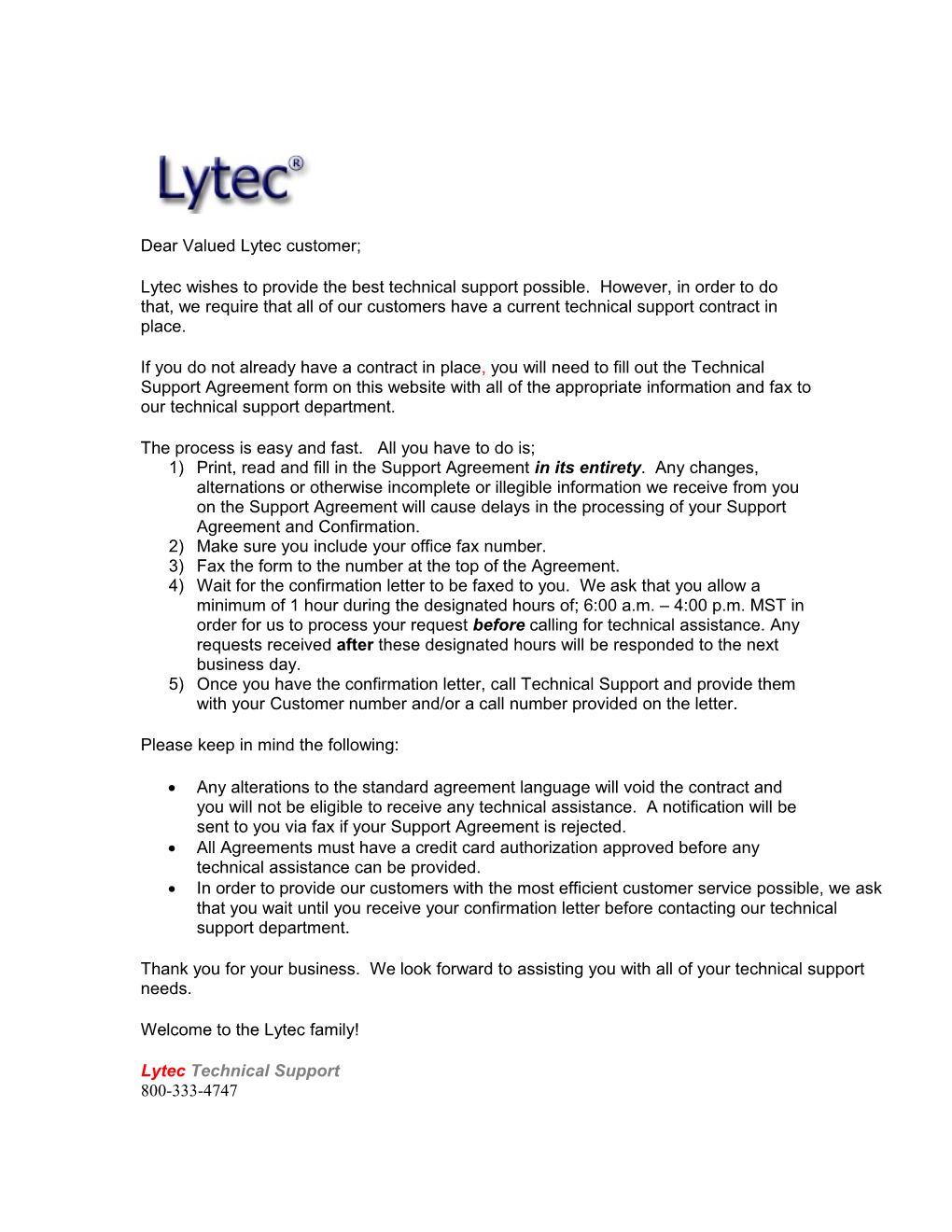 Dear Valued Lytec Customer;