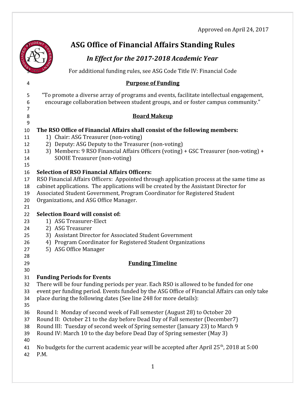 In Effect for the 2017-2018 Academic Year