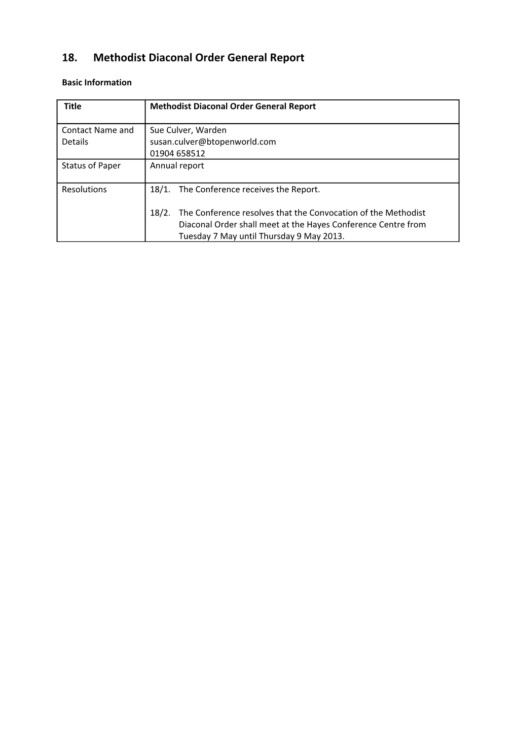 18.Methodist Diaconal Order General Report