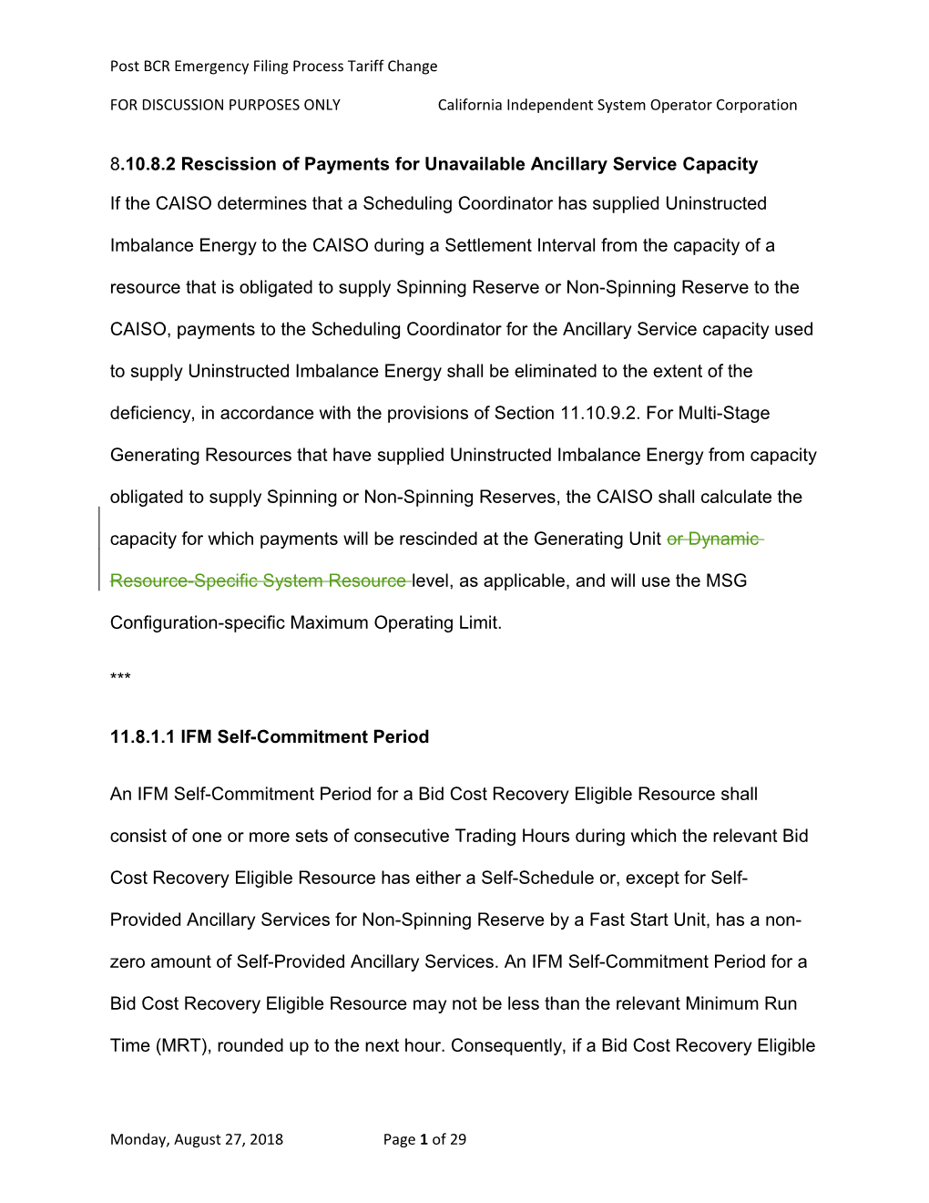 Post BCR Emergency Filing Process Tariff Change