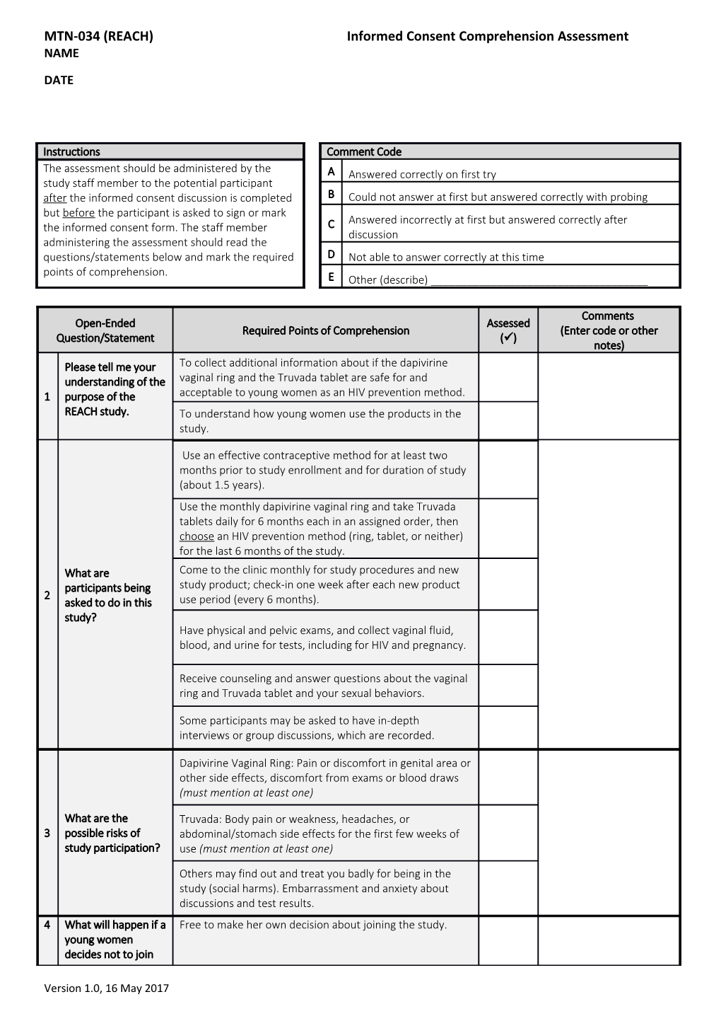 MTN-034 (REACH) Informed Consent Comprehension Assessment