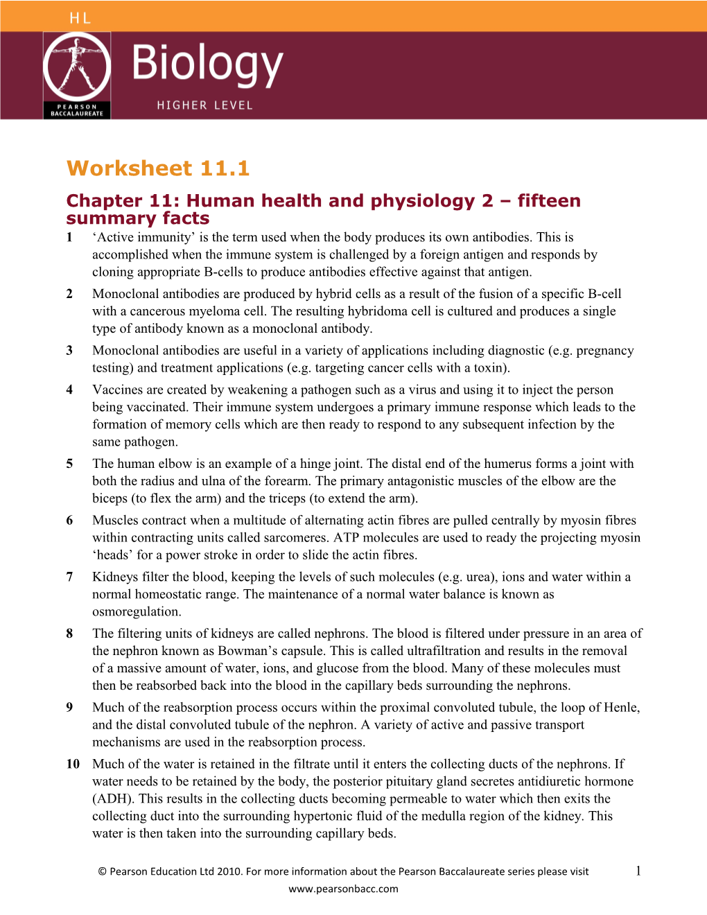 Chapter 11: Human Health and Physiology 2 Fifteen Summary Facts