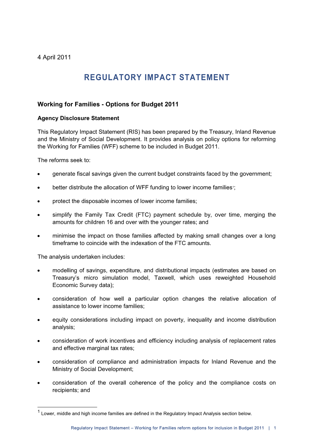 Budget 2011: Regulatory Impact Statement