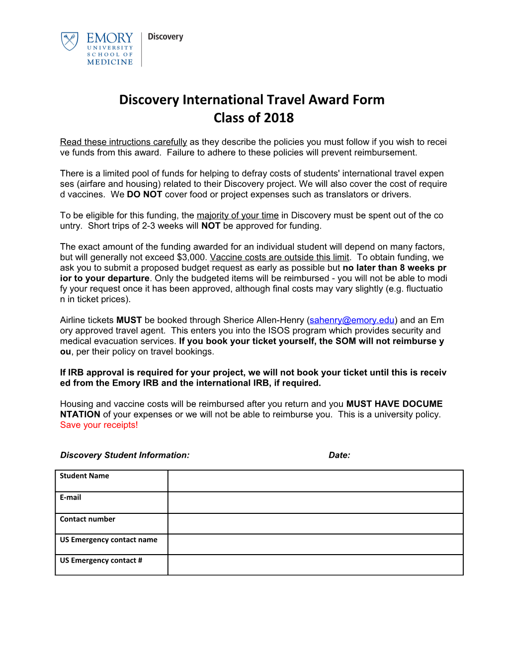 Discovery International Travel Award Form