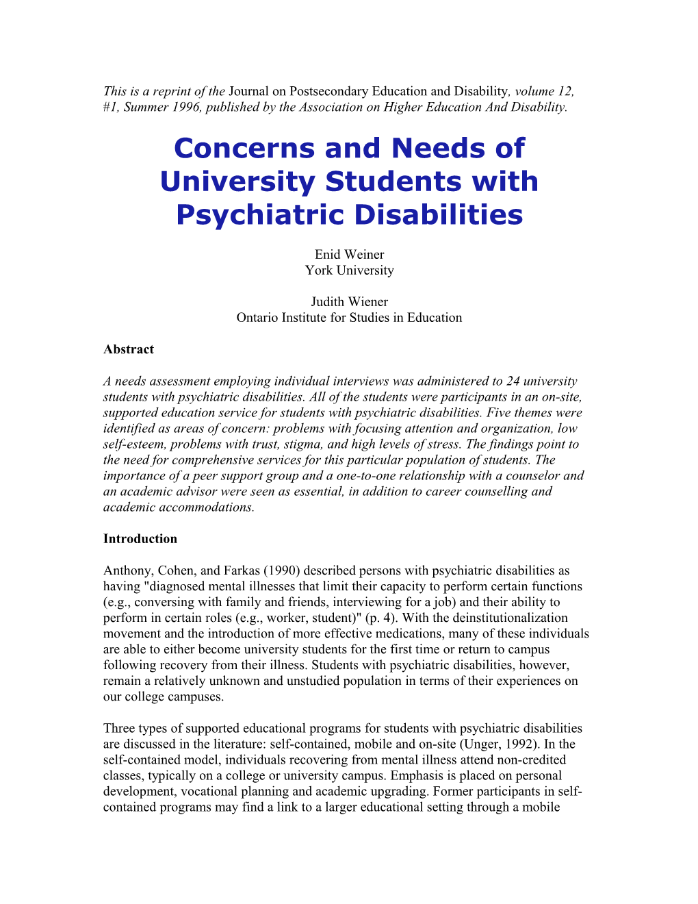 Concerns and Needs of University Students with Psychiatric Disabilities