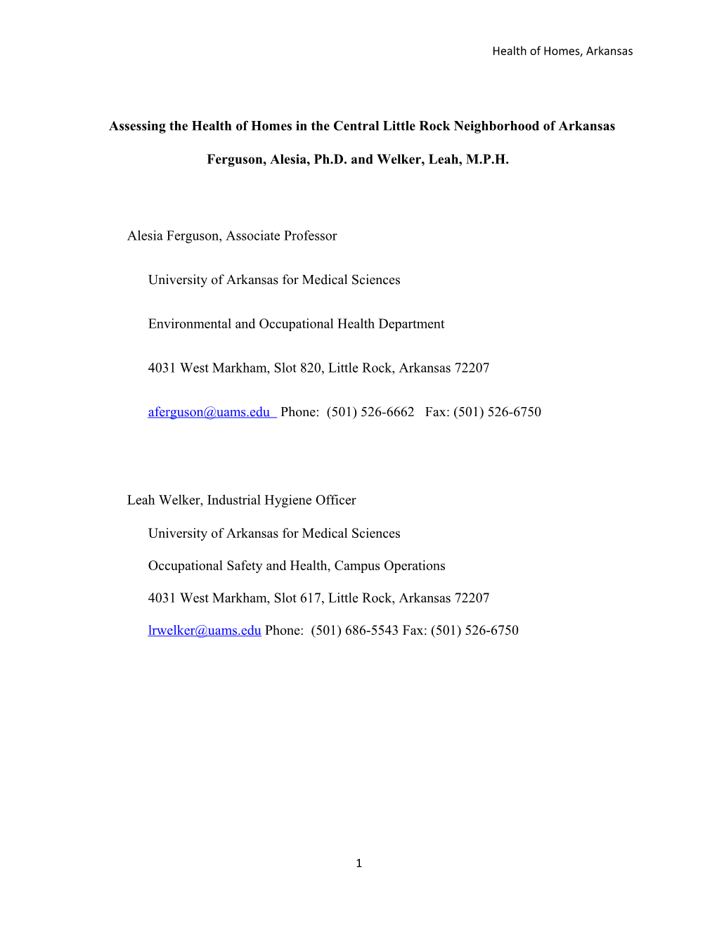 Assessing the Health of Homes in the Central Little Rock Neighborhood of Arkansas