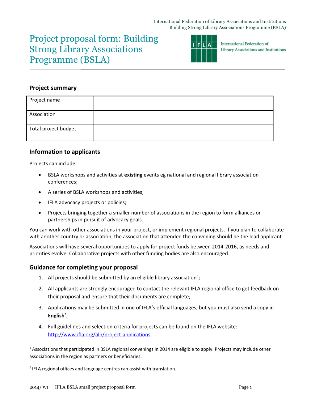 Project Proposal Form: Building Strong Library Associations Programme (BSLA)