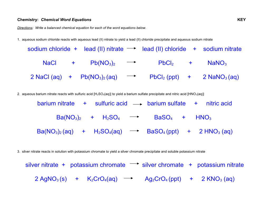 Chemical Word Equations (Key)