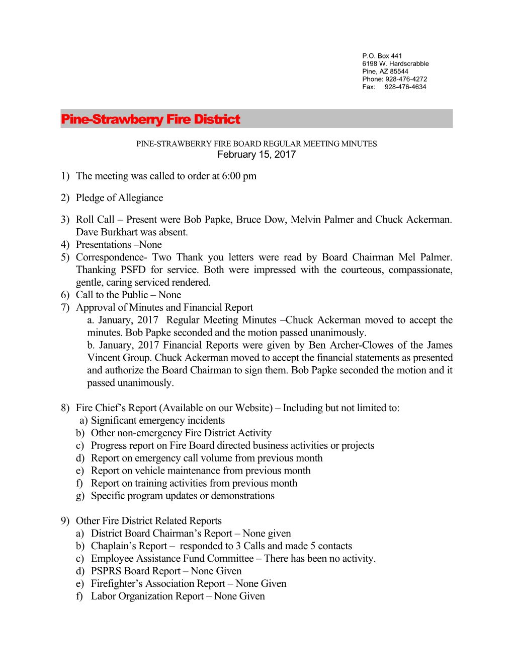 Pine-Strawberry Fire Board Regular Meeting Minutes