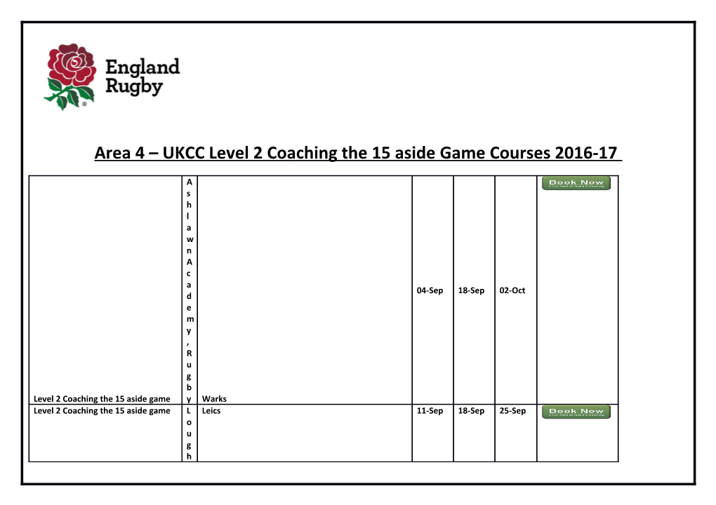 Area 4 UKCC Level 2 Coaching the 15 Aside Game Courses 2016-17