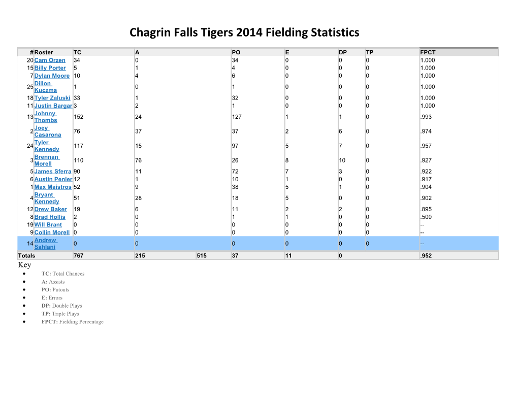 Chagrin Falls Tigers 2014 Fielding Statistics