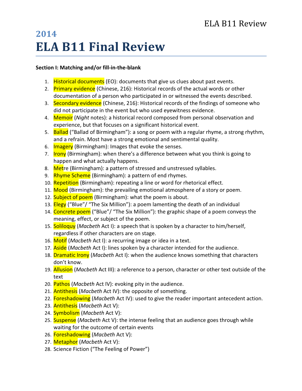 Section I: Matching And/Or Fill-In-The-Blank