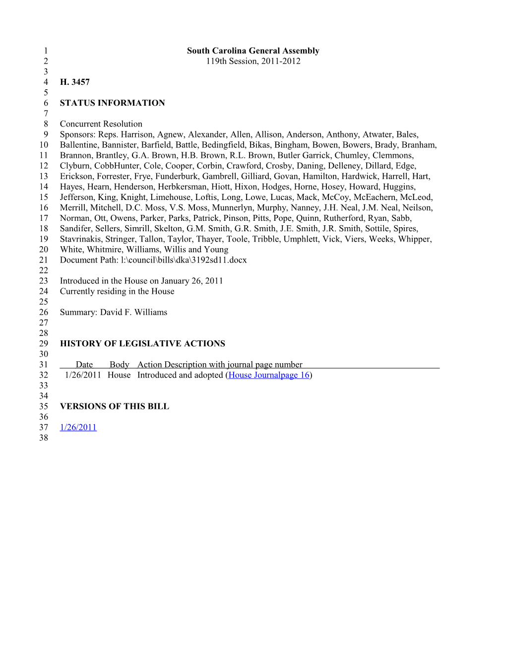2011-2012 Bill 3457: David F. Williams - South Carolina Legislature Online