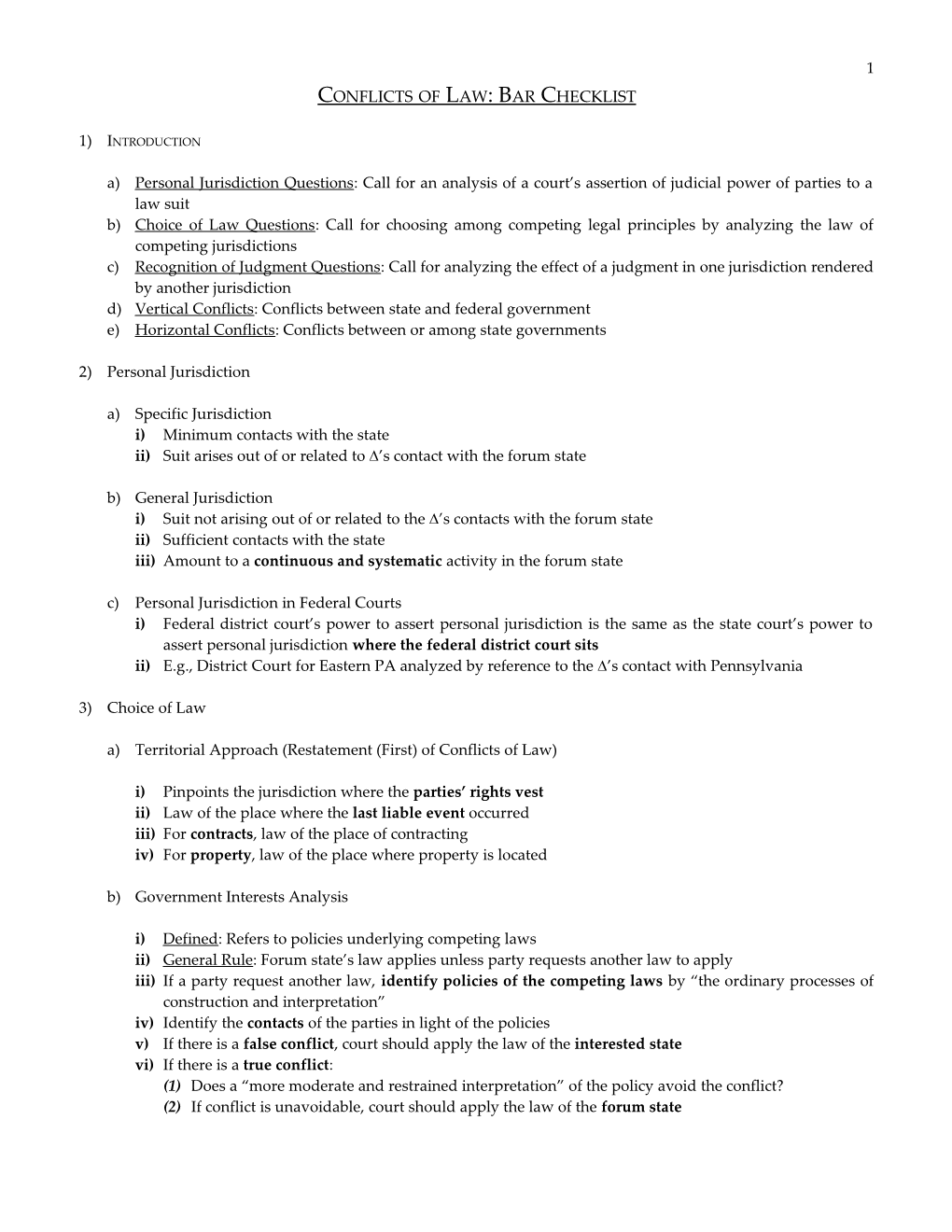 Conflicts of Law: Bar Checklist