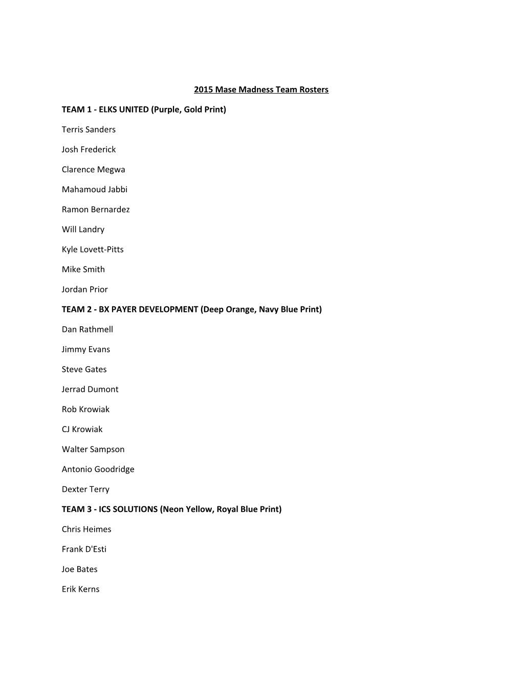 2015 Mase Madness Team Rosters