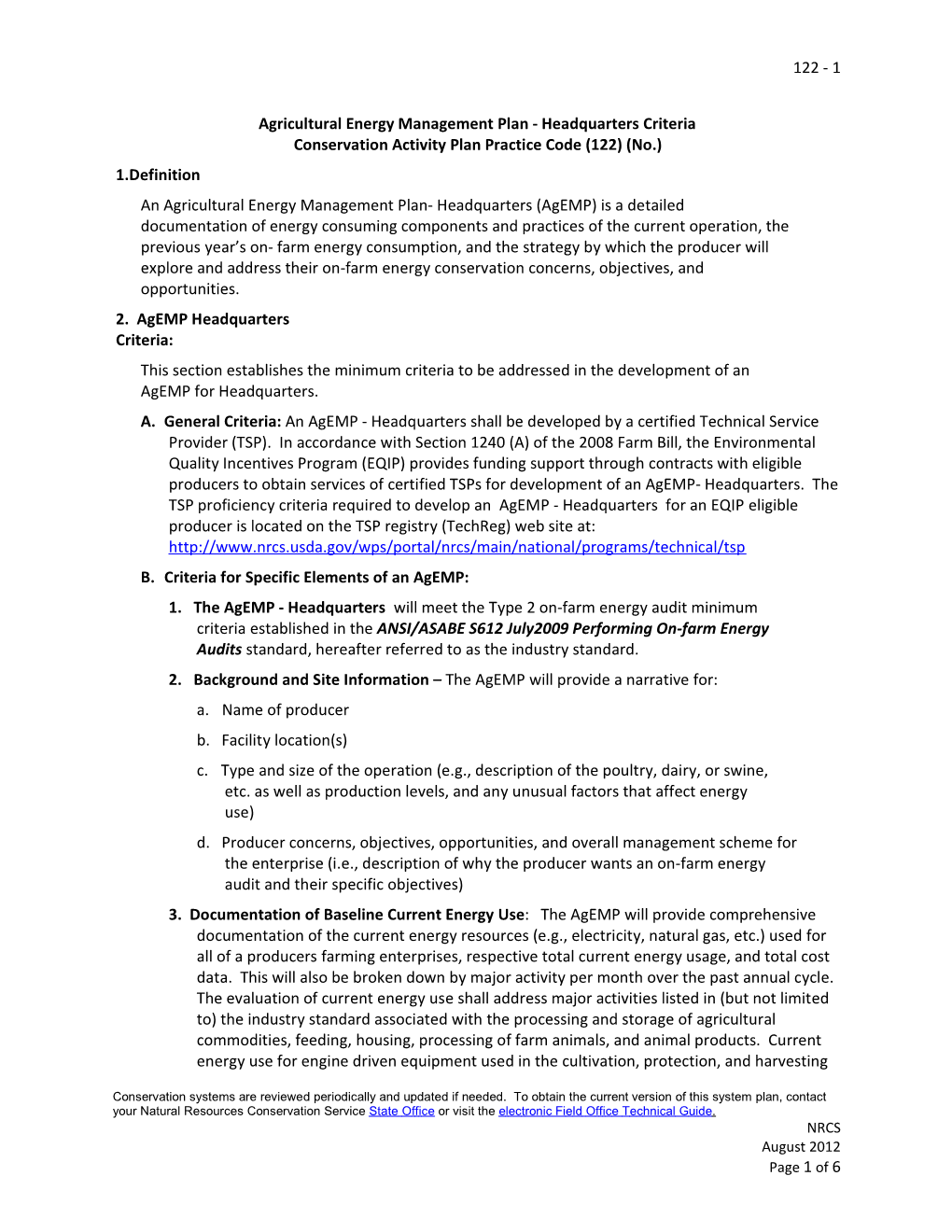 Agricultural Energy Management Plan - Headquarters Criteria