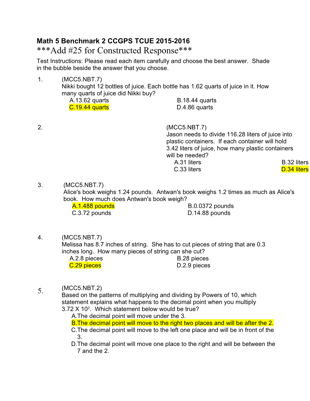 Math 5 Benchmark 2 CCGPS TCUE 2015-2016