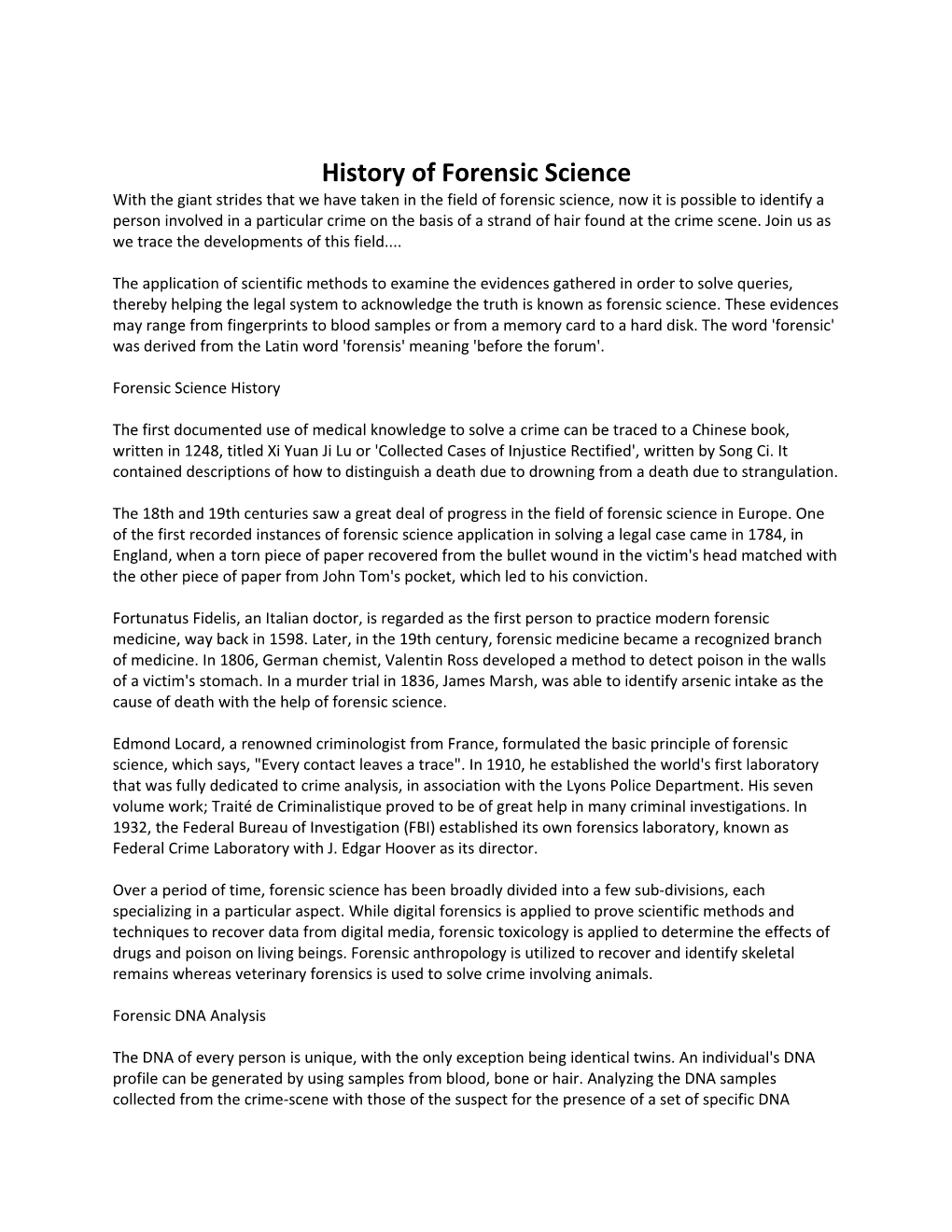 History of Forensic Science