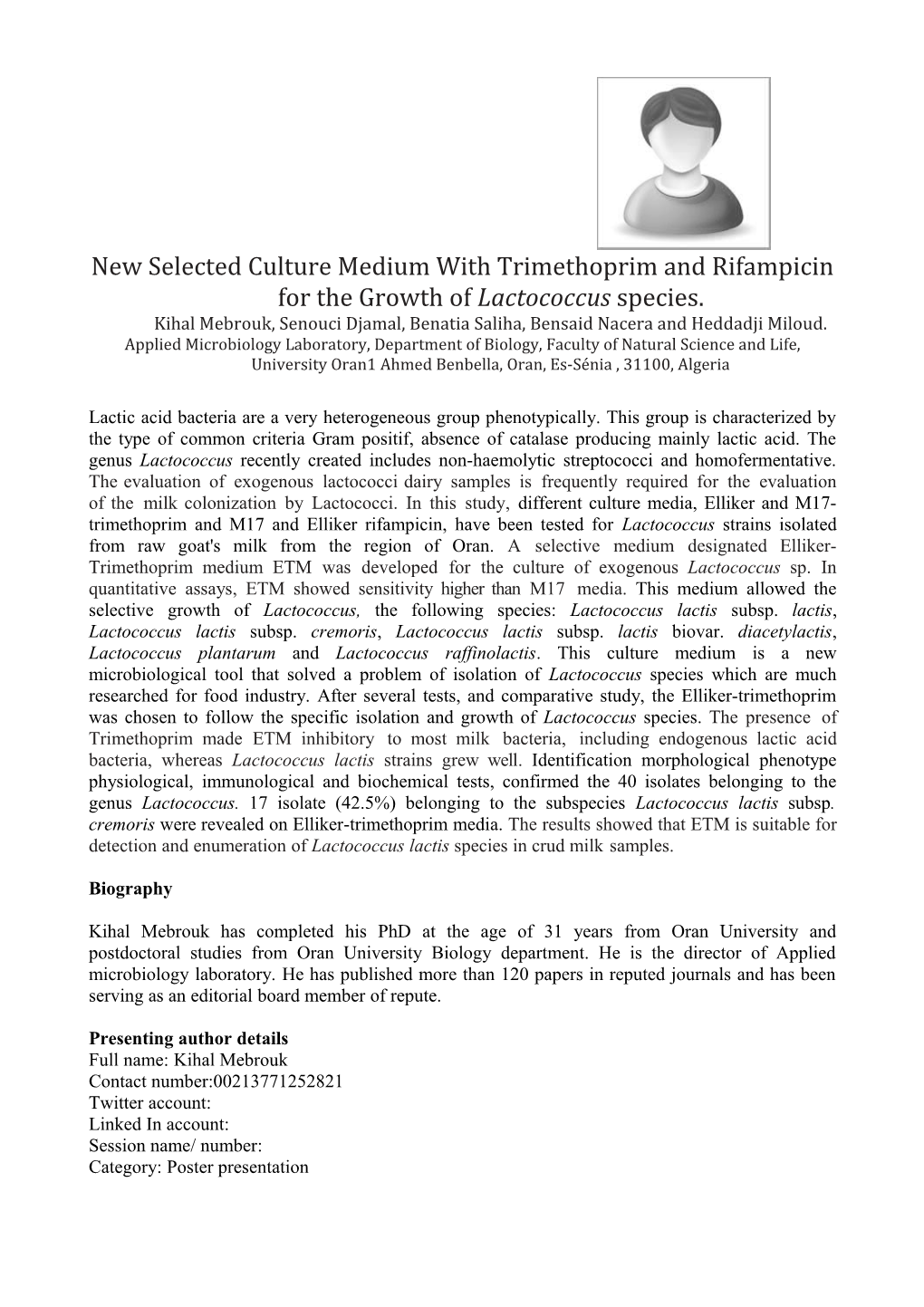 New Selected Culture Medium with Trimethoprim and Rifampicin for the Growth of Lactococcus