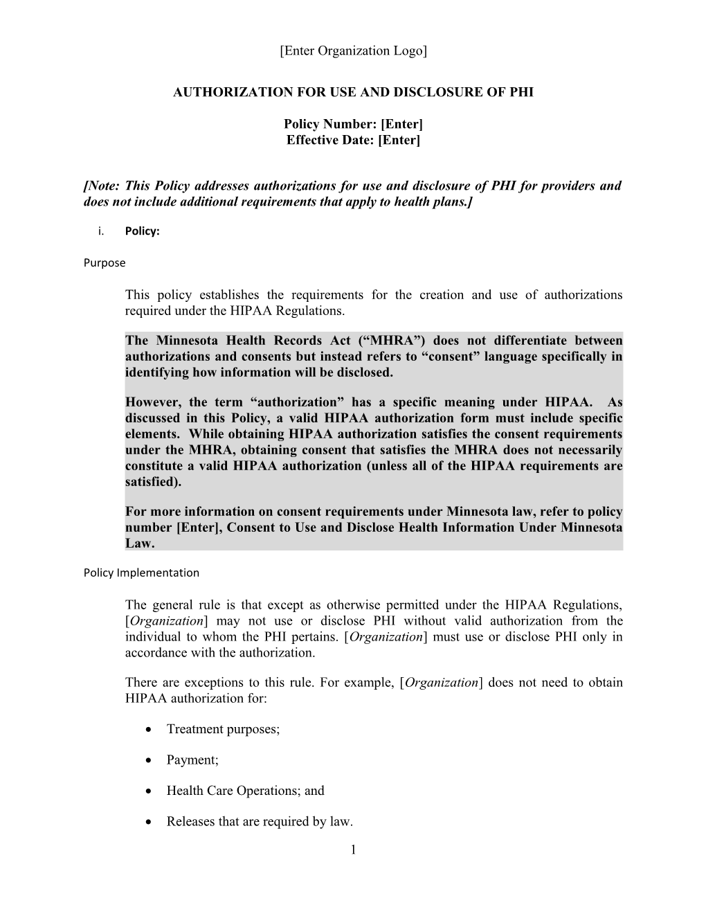 Authorization for Use and Disclosure of PHI