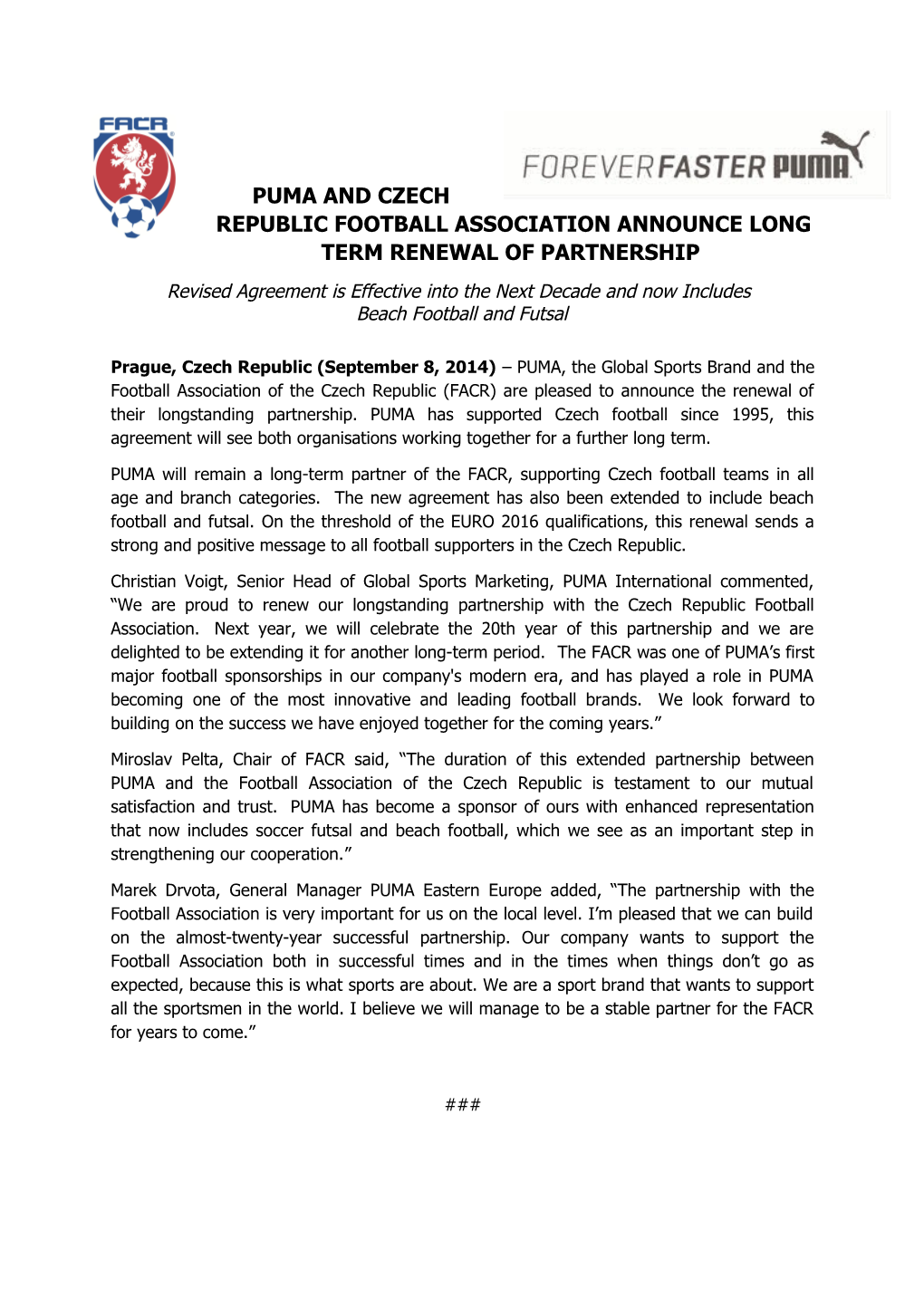 Puma and Czech Republic Football Association Announce Long Term Renewal of Partnership
