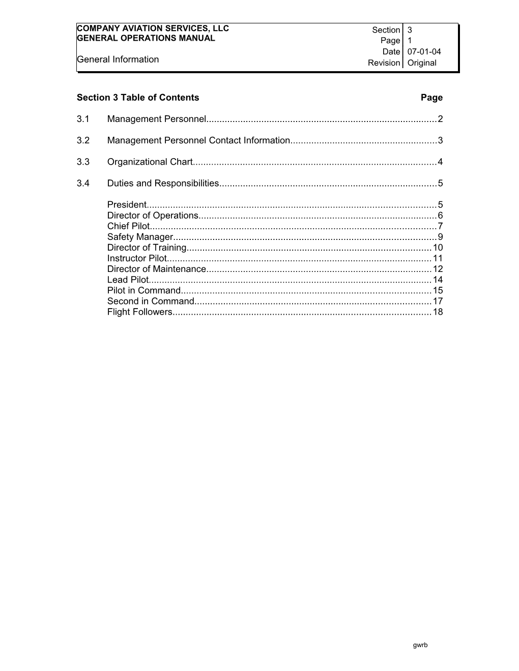 Section 3 Table of Contents Page