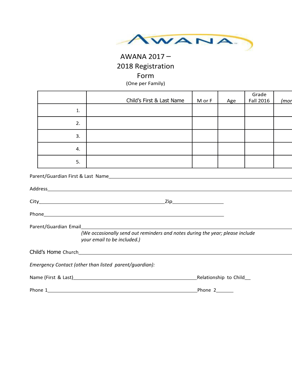 AWANA 2017 2018 Registration Form