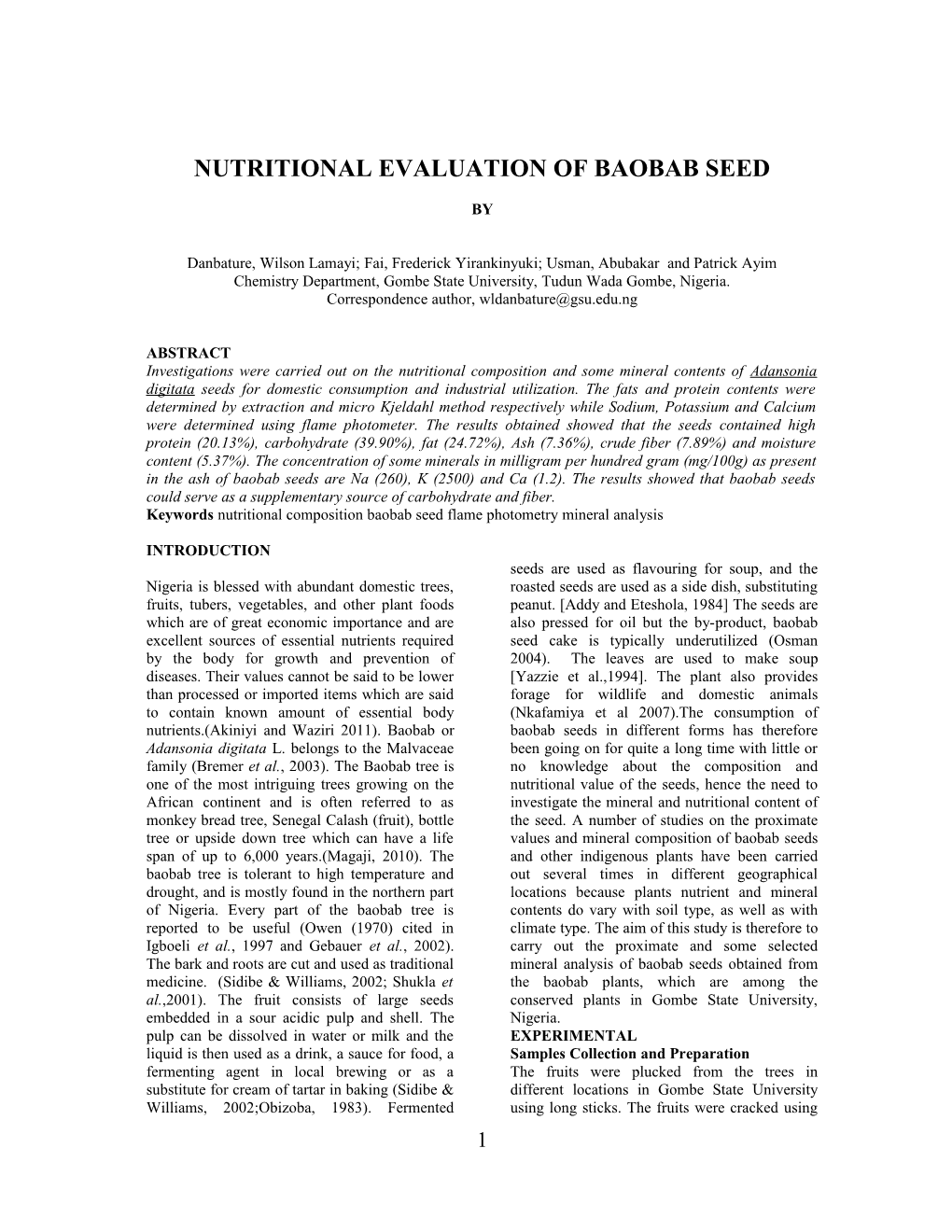 Nutritional Evaluation of Baobab Seed