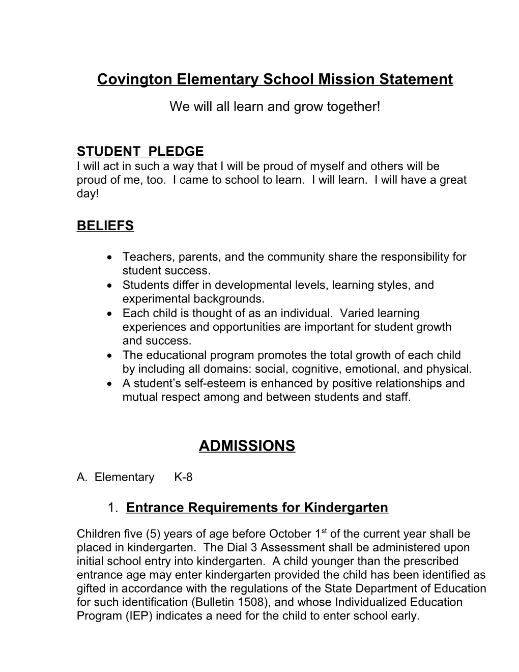 Covington Elementary School Mission Statement