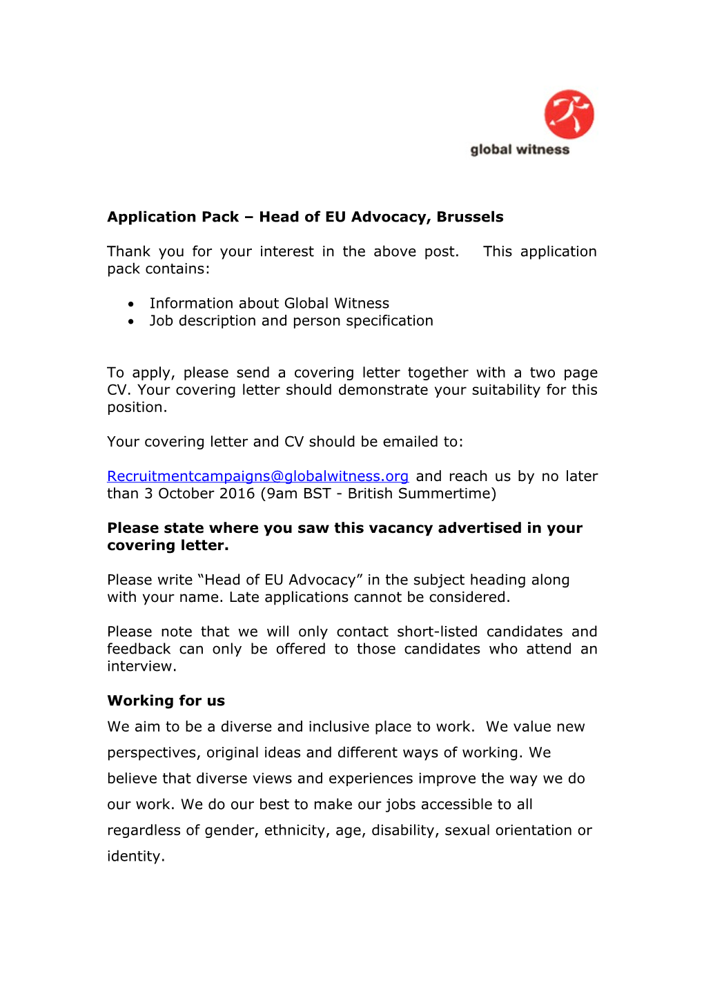 Application Pack Head of EU Advocacy, Brussels