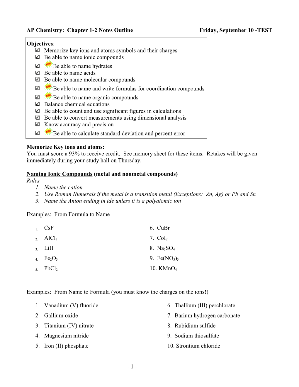 AP Chemistry: Chapter 1-3 Note Outline