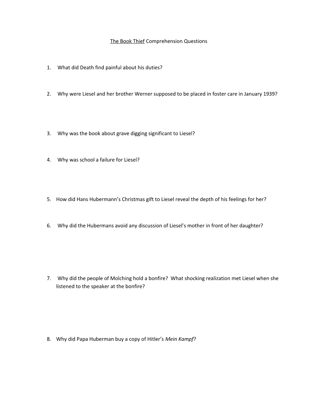 The Book Thief Comprehension Questions