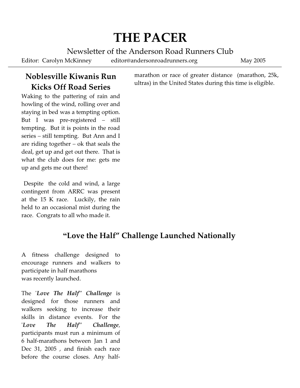 Newsletter of the Anderson Road Runners Club