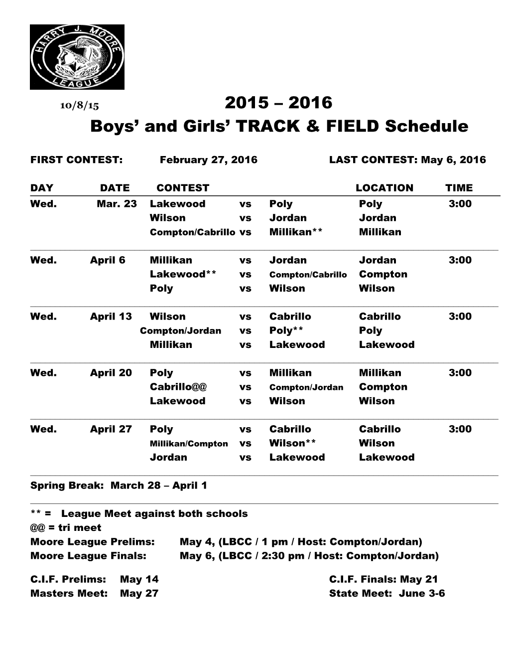 Boys and Girls TRACK & FIELD Schedule