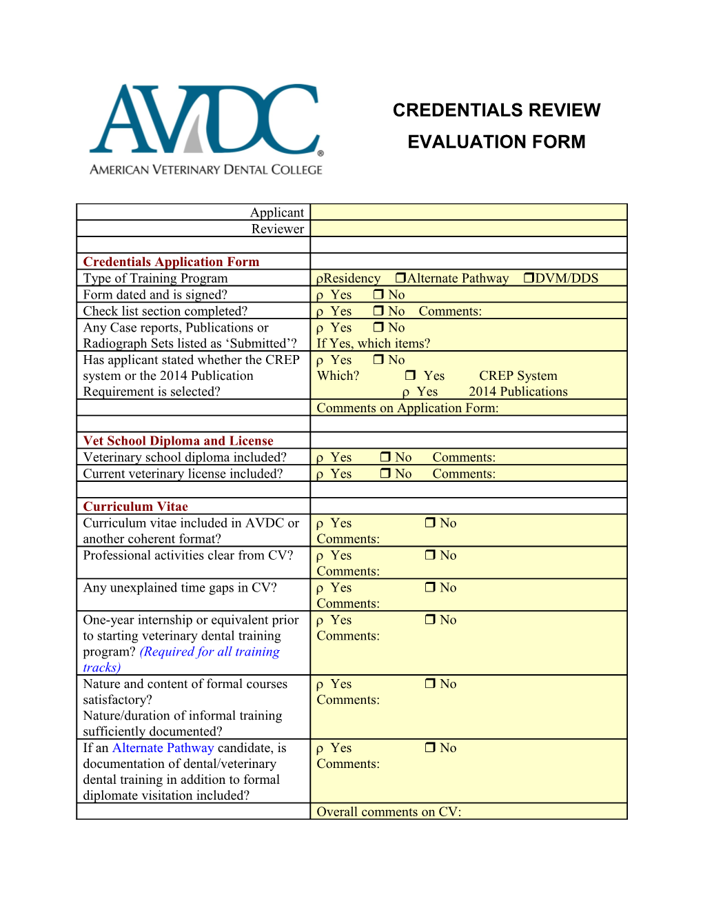 Credentials Review Evaluation Form 2007