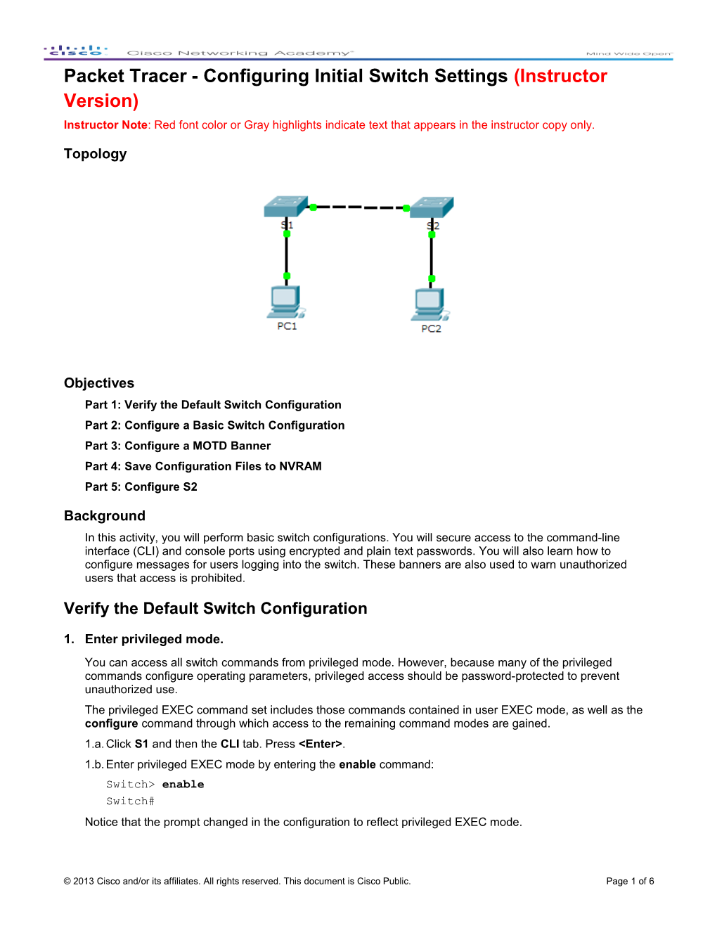 Packet Tracer - Configuring Initial Switch Settings