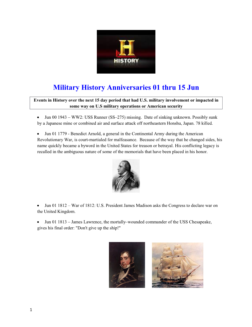 Military History Anniversaries 01 Thru 15 Jun
