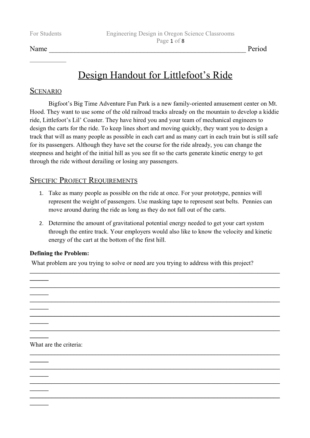 For Students Engineering Design in Oregon Science Classrooms Page 1 of 6