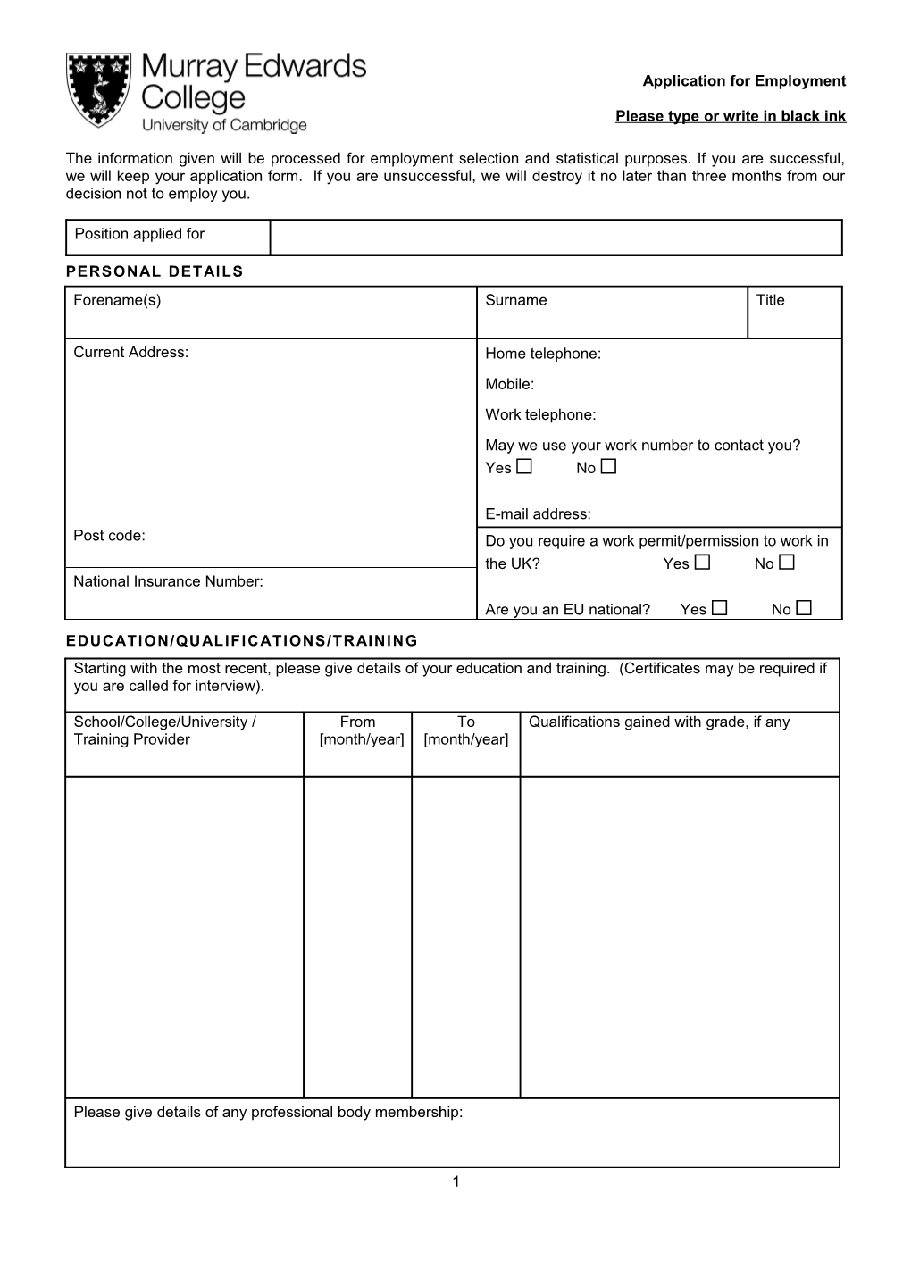 Form PD17: Application for Employment