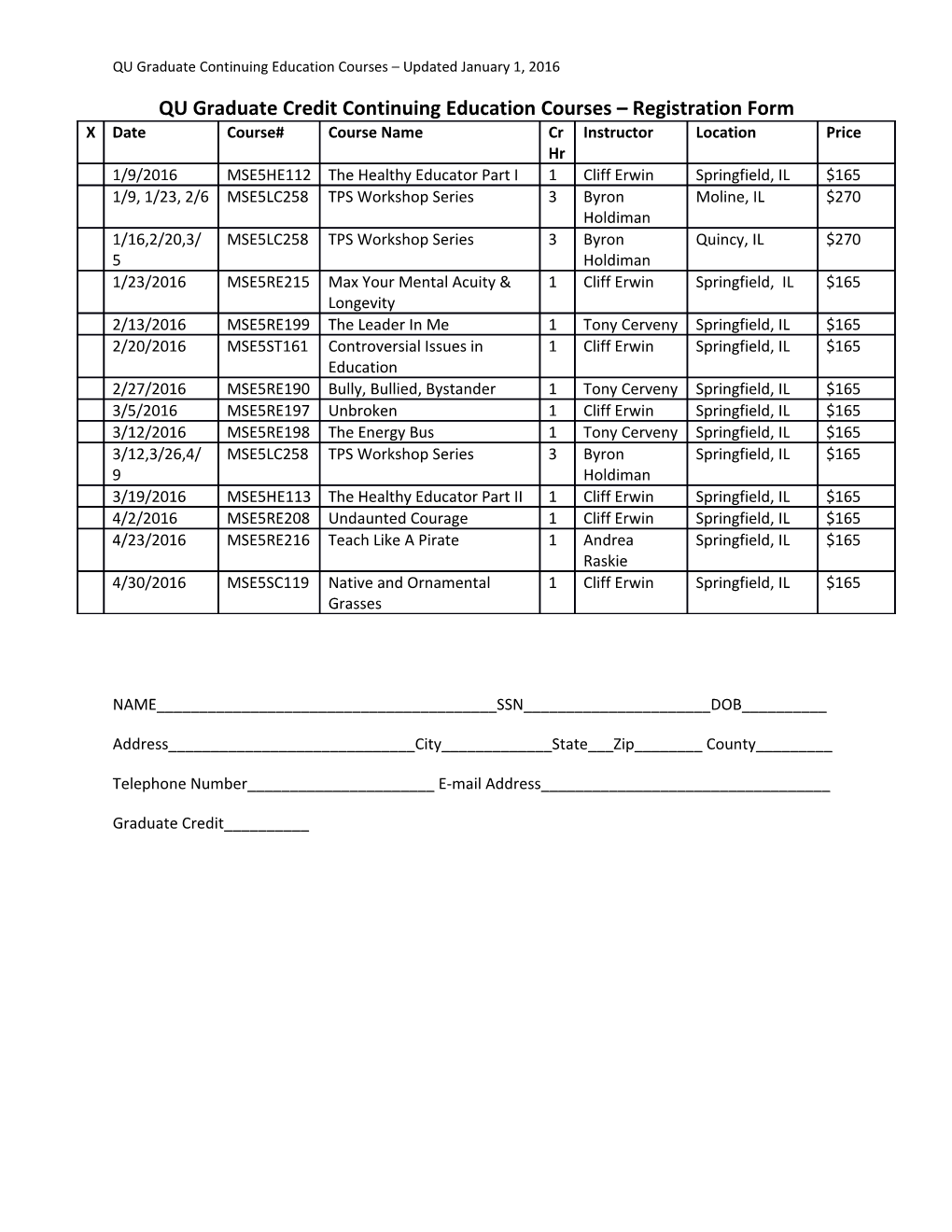 QU Graduate Credit Continuing Education Courses Registration Form