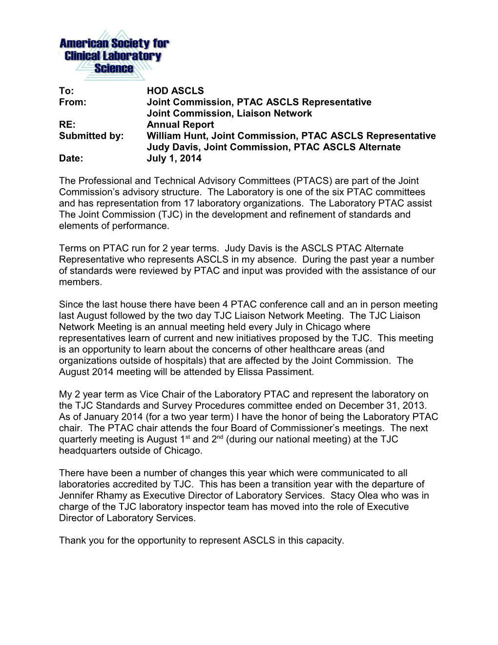From: Joint Commission, PTAC ASCLS Representative