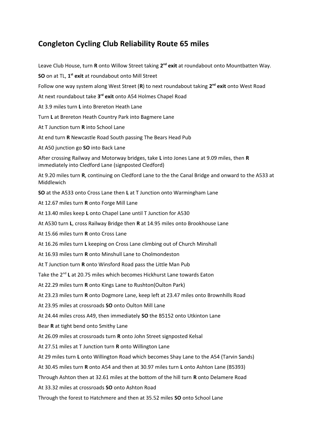 Congleton Cycling Club Reliability Route 65 Miles
